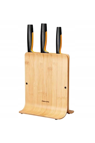 FiSKARS Set de 3 cuțite FUNCȚIONALE în bloc de bambus + ascuțitor EDGE