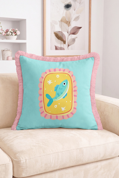 Realhomes Fish Figured Frame Motif Fringed Throw Pillow Cover Modern Decorati...