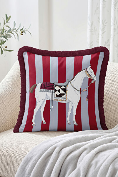 Realhomes Retro Design Fringed Cushion Cover with White Horse Figure and Red ...