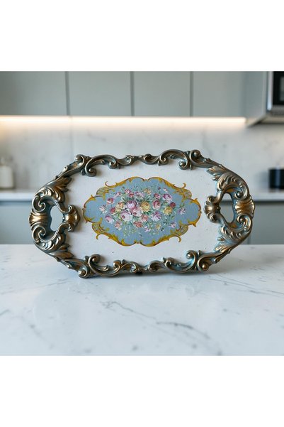 löder bizim atölye Vintage Eskitme Dekoratif Ayaklı Servis Tepsisi – Kuş ve Ç...