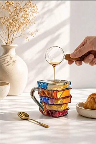 Kitchen Beauty El Yapımı Sanatsal 3 Boyutlu Kitap Şeklinde Cam Kupa Renkli Ta...