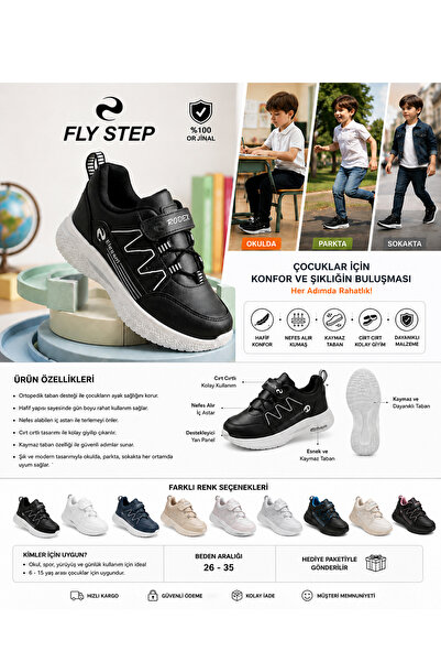 FLY STEP Çocuk Spor Ayakkabı Kız Erkek Unisex Günlük Okul Ayakkabısı Cırt Cırtlı Ortopedik Rahat Sneaker