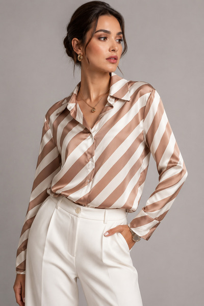 ALFATEKS ANTAKYA Women's Beige Striped Satin Shirt Relaxed Fit Long Sleeve St...