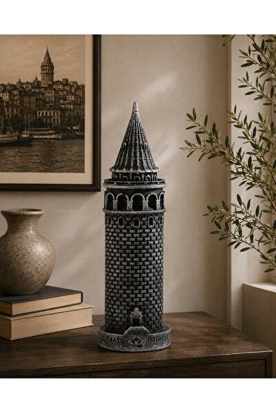Anadolia Galata Kulesi Metalik Gri Mermerit Heykel 12,5 cm