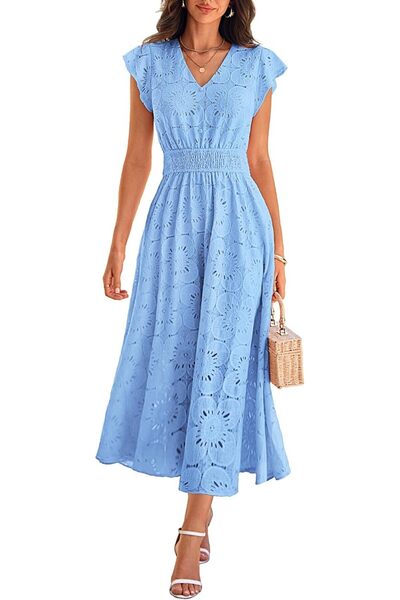 Dotail Women's Maxi Dress, Floral Print, V-Neck, Stretch, Size M, Cotton, Blue