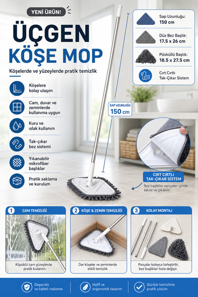 ALL FAST 150 cm Teleskopik Üçgen Mop Duvar Tavan Cam Fayans ve Köşe Temizleme...