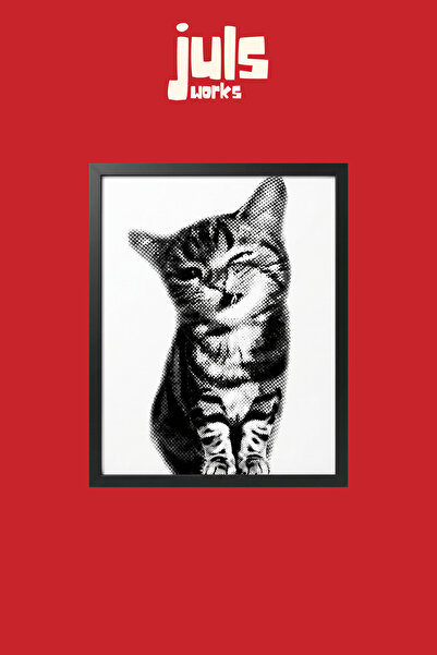 Juls Works Halftone Kedi Siyah Beyaz Poster Tablo Modern Koleksiyon Duvar San...