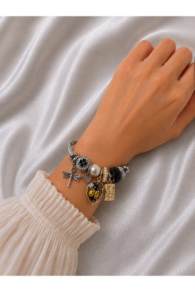 Bymiel Women's Silver Ladybug and Dragonfly Figured Charm Steel Bracelet