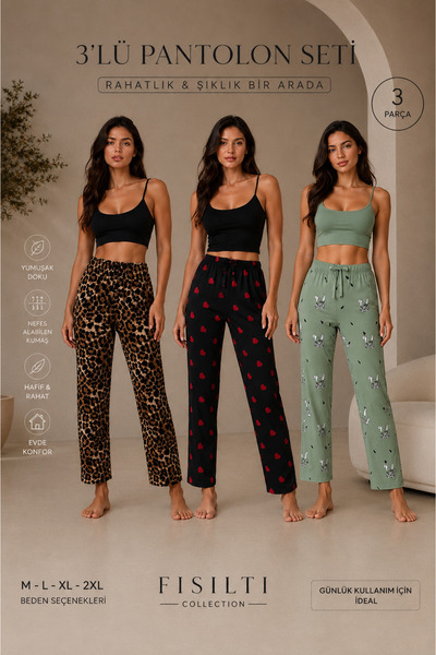 FISILTI COLLECTİON 3’lü Kadın Pijama Altı Pantolon Seti Leopar Kalp ve Tavşan...