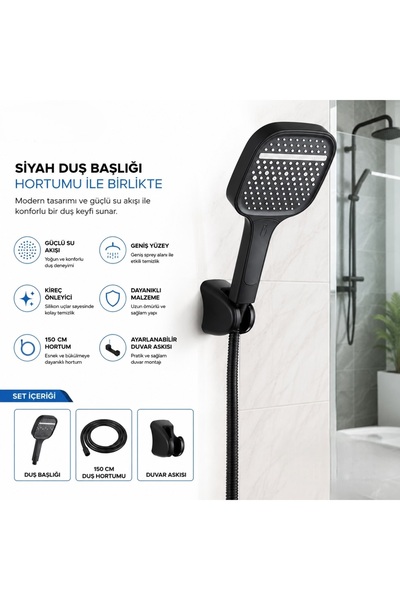 KAS Raflesya Şelale Duş Seti Mafsallı Siyah Duş Başlığı