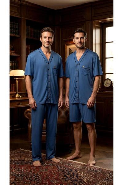 KLY PİJAMA Kly 9050 100% Cotton Buttoned V-Neck Half Sleeve 3-Piece Shorts Pa...
