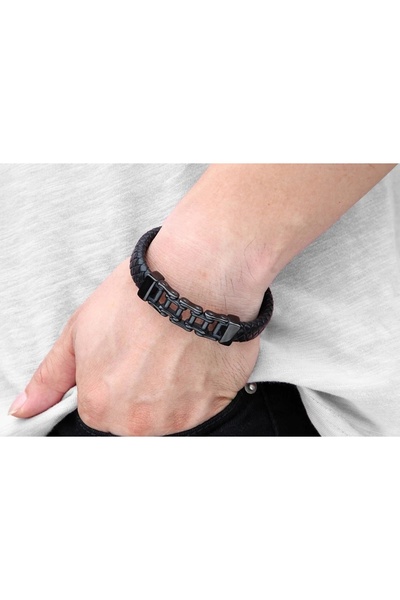 NO BRAND Brățară bărbătească neagră, lanț de motocicletă, piele, 21,5 cm