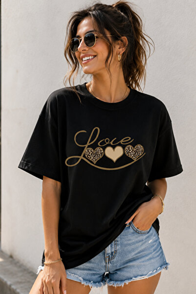 ArtYus Love Text Printed Crew Neck Casual Unisex Oversize T-Shirt - Heart The...