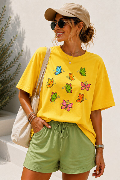 ArtYus Colorful Butterfly Printed Crew Neck Casual Unisex Oversize T-Shirt - ...
