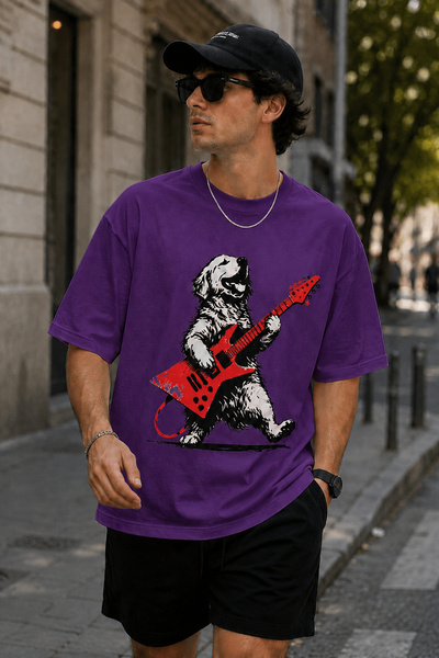 ArtYus Dog Playing Guitar Printed Crew Neck Casual Unisex Oversize T-Shirt - ...