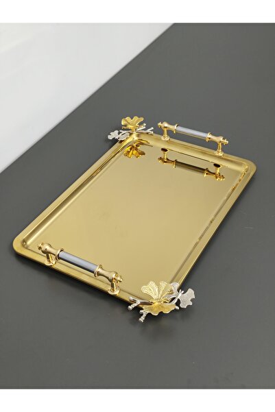 PARILTI HOME COLLECTİON Figured, Metal Handle, Stainless Steel Rectangular Tr...