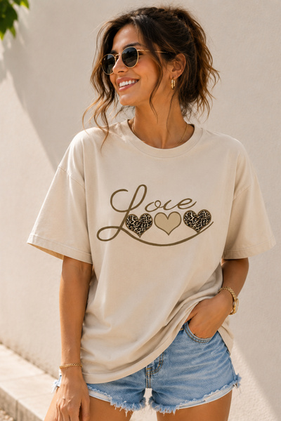 ArtYus Love Text Printed Crew Neck Casual Unisex Oversize T-Shirt - Heart The...