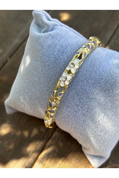 MODA Maisonlune Enamel Flower Patterned Stone Gold Handcuff Bracelet