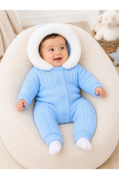 Pure Boutique Combinezon bebe baiat bleu tricotat, imblanit integral, cu glug...