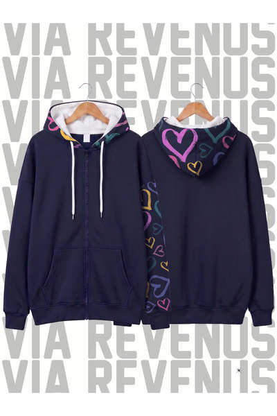 Vordevia Heart Hooded and Sleeve Printed Unisex Zippered Hooded Sweatshirt Ca...