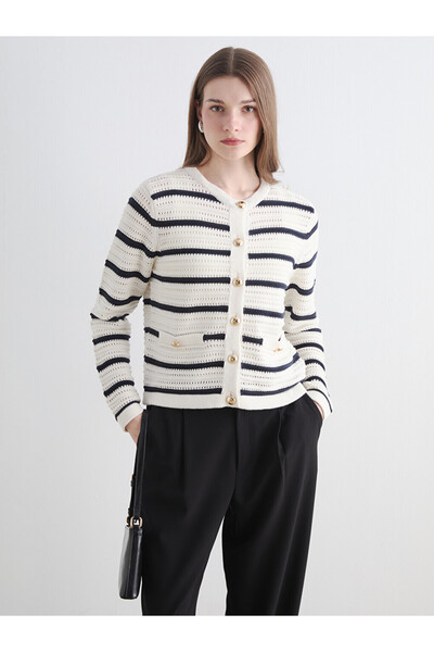 LC Waikiki Crew Neck Striped Women's Knitwear Cardigan
