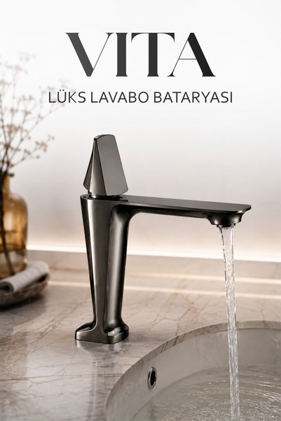 Badem10 Vita Mat Füme Kısa Premium Lavabo Bataryası Pirinç Gövde Lüks Modern ...