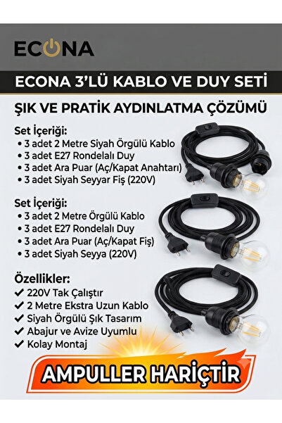 ECONA 3 adet Seyyar Fişli Kablo E27 Duylu Rondelalı Anahtarlı Kablo 2 Metre S...