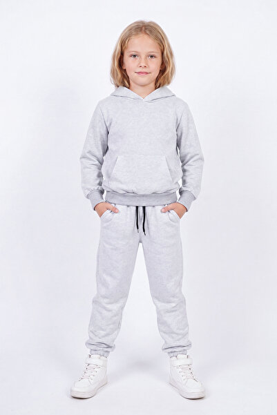 FYK KİDS Girl's Plain Kangaroo Pocket Hooded Tracksuit Set