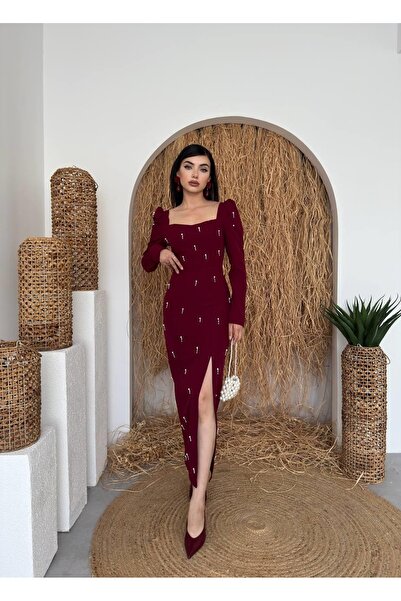 Clothes Fast Women's Burgundy Midi Dress with Pearl Detail, Square Neck, Slit...