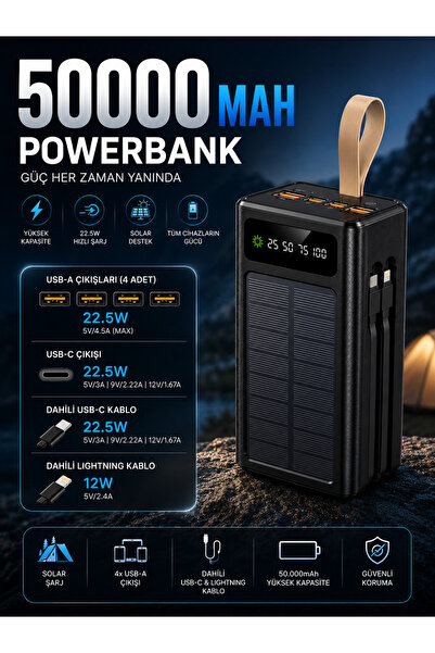 Merwish 50000 mAh Powerbank 22.5W Hızlı Şarj 4 USB-A Taype-C Dahili Kablolu Taşınabilir Şarj Cihazı