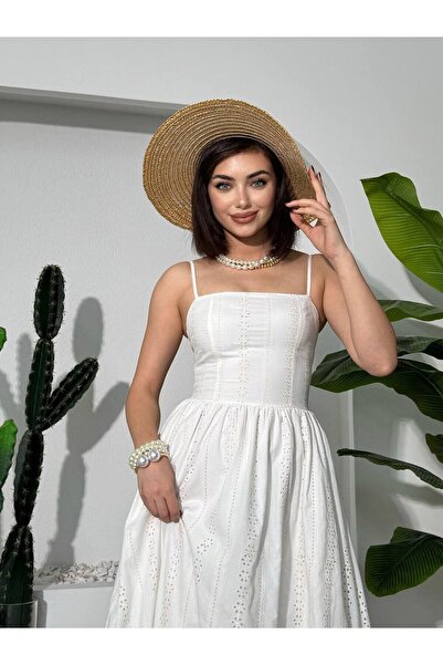Moda Days فستان نسائي طويل بحزام إكرو وياقة مربعة وتفاصيل مزخرفة وحزام خصر مطاطي
