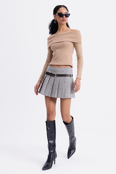 Clothes Fast Fustă casual mini țesută, gri, în carouri, cu curea și pliuri du...