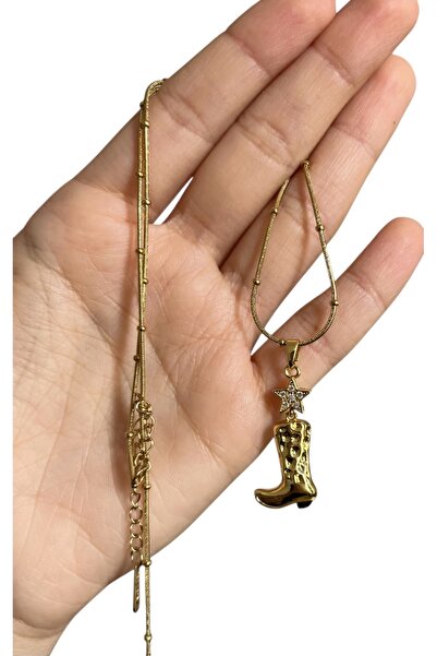 DİBA AVM Necklace 316L Steel Cowboy Boot Pendant Gold Color Women's Steel Nec...
