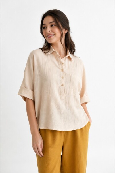 Mulberry Women's Muslin Bat Sleeve Shirt – Buttoned, Relaxed Fit, Lightweight...