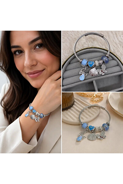 Bozhi Blue Heart, Seashell and Butterfly Accessory Detailed Silver Color Stee...