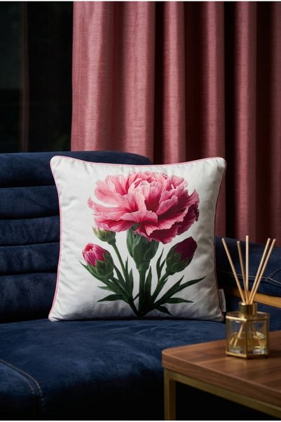 Rayda Home Pink Carnation Patterned Decorative Throw Pillow Cover with Piping Detail Modern Living Room Pillowcase
