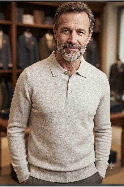 güncüoğlu Wool Polo Neck Pocketless Thin Wool Knitwear Men's Sweater