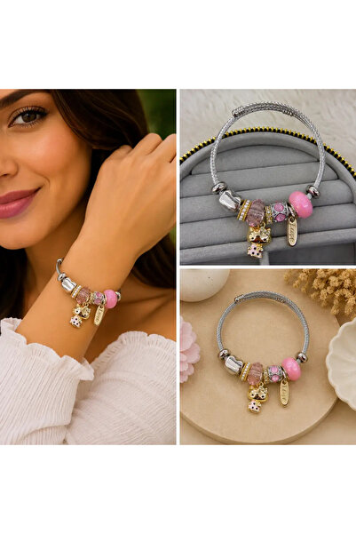 Bozhi Pink Cat Figured Accessory Detailed Silver Color Women's Bracelet Silve...