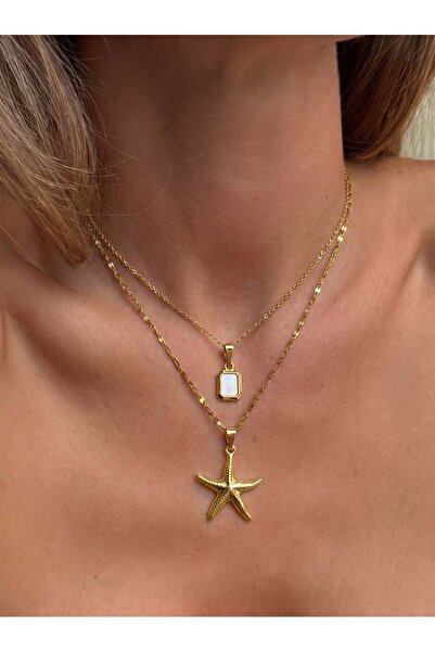 Eylülün Takısı Women's gold-tone starfish and mother-of-pearl figure double s...