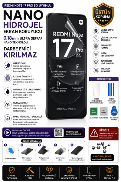 Astakos Redmi Note 17 Pro 5G Uyumlu Ultra Şeffaf Nano Hidrojel Darbe Emici Kı...