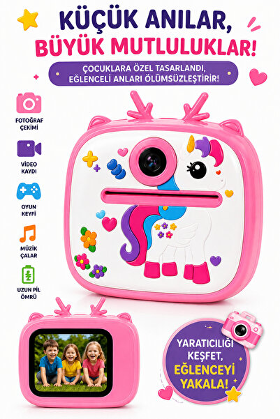 RAYLAX Unicorn Çocuk Dijital Fotoğraf Makinesi Anında Baskılı Mini Kamera HD ...