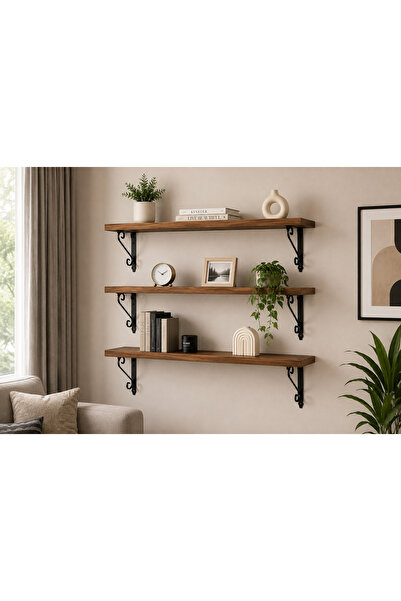 Genel Markalar Erdem Mobilya Premium 3'lü Duvar Rafı Ceviz Rengi 100x20 cm