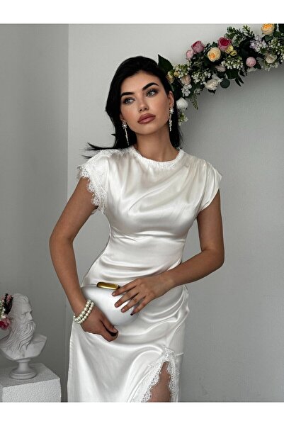 Moda Days Women's Ecru Midi Dress with Satin Texture, Lace Detail, Slit and S...