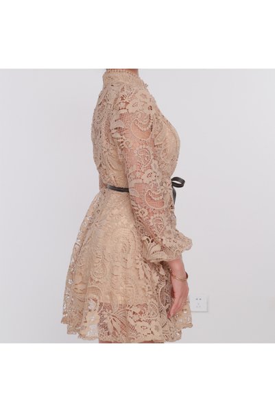 OEMS Short Lace Dress Beige with Long Sleeves and Belt-Briana - m