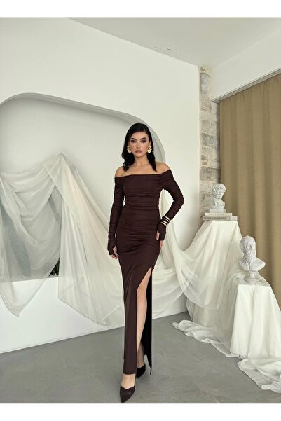Moda Days Women's Coffee Color Boat Neck Draped Long Sleeve Dress with Slit D...