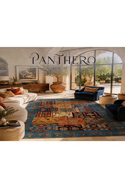Panthero Home Mavi Patchwork Etnik Desenli Halı Kaymaz Taban Süngerli Yıkanab...
