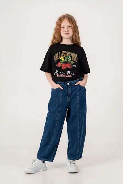 GİYİCEM TEKSTİL Girl's City Style Stitched Baggy Jeans 2227