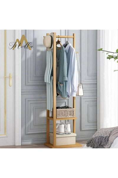 WISFOR Bamboo Clothes Rack: Garment Hanger with 2-Tier Storage Shelves for Sh...