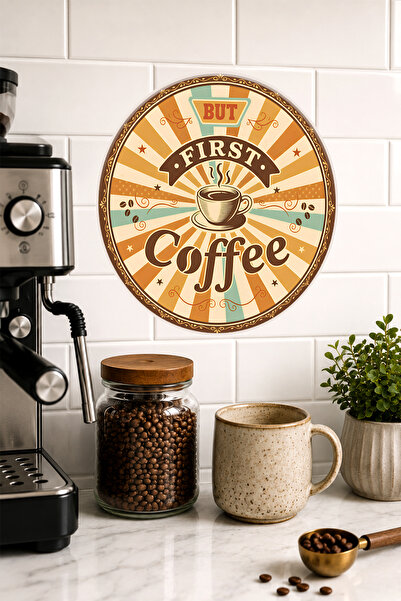 Mayeka Masă rotundă din MDF cu design retro "But First Coffee" și suport pent...