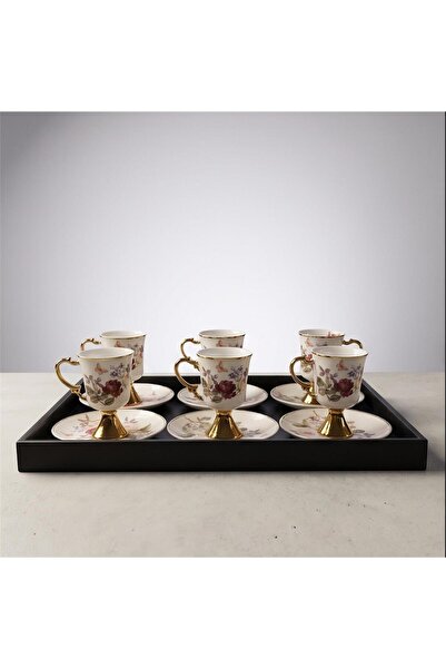 PerottiHome Flower Patterned Turkish Coffee Cup with Stand for 6 People
